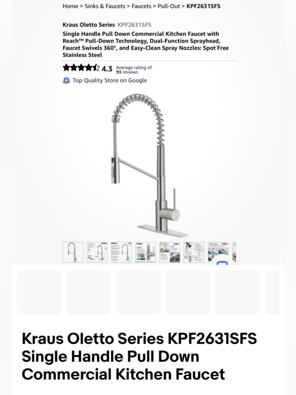 Kraus Oletto Single Handle Pull Down Kitchen Faucet - Stainless Finish